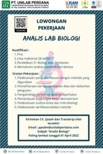LOWONGAN PEKERJAAN ANALIS LAB BIOLOGI PT UNILAB PERDANA